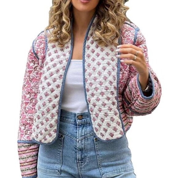 Women’s Retro Floral Quilted Cropped Puffer Jacket Stand Collar Vintage Coat - Picture 1 of 4